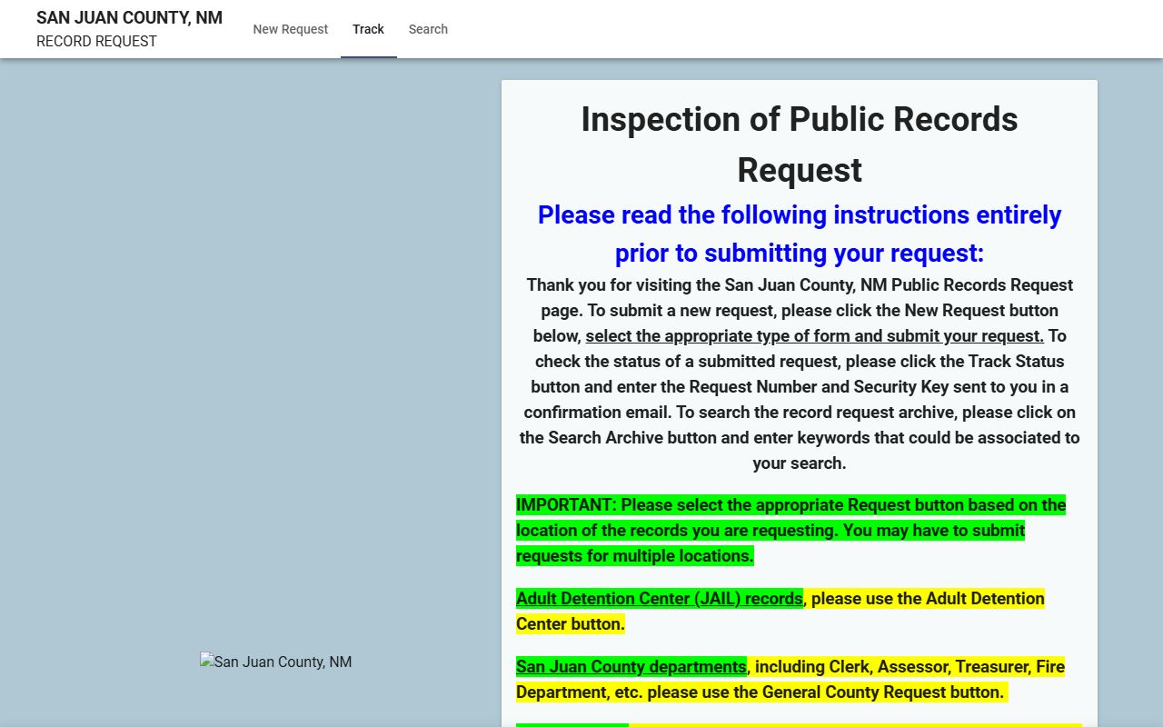 San Juan County Clerk records request portal for public records