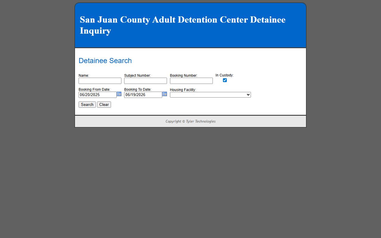 San Juan County inmate records detainee inquiry search screen