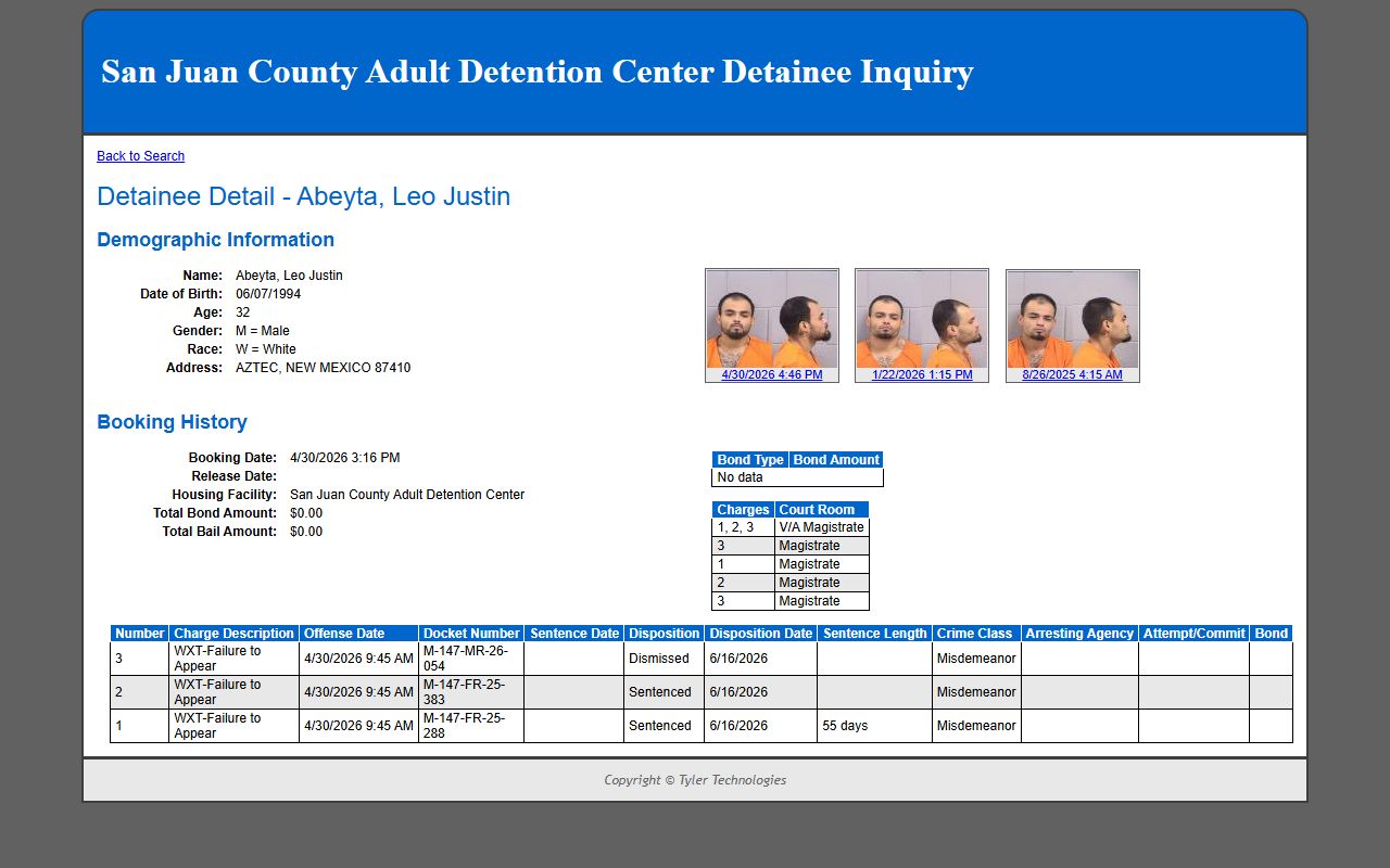 San Juan County inmate records detainee detail profile