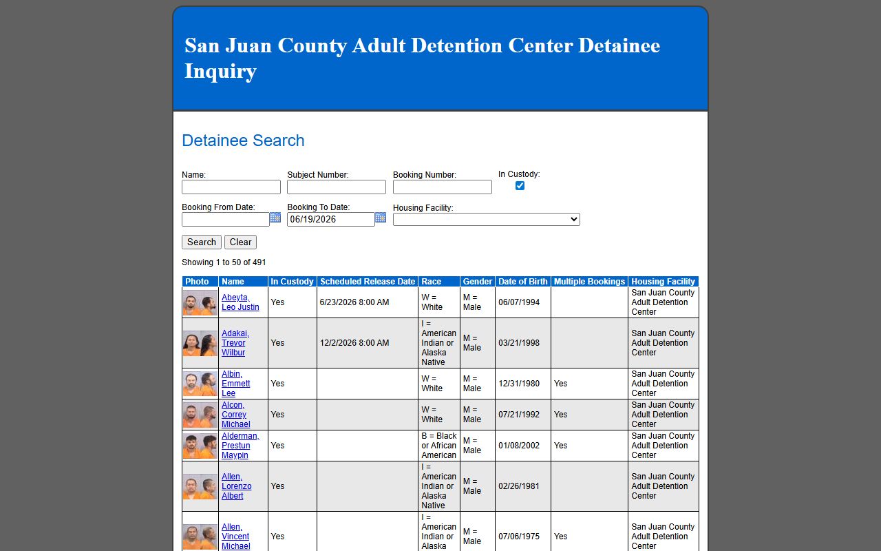 San Juan County inmate records detainee results grid